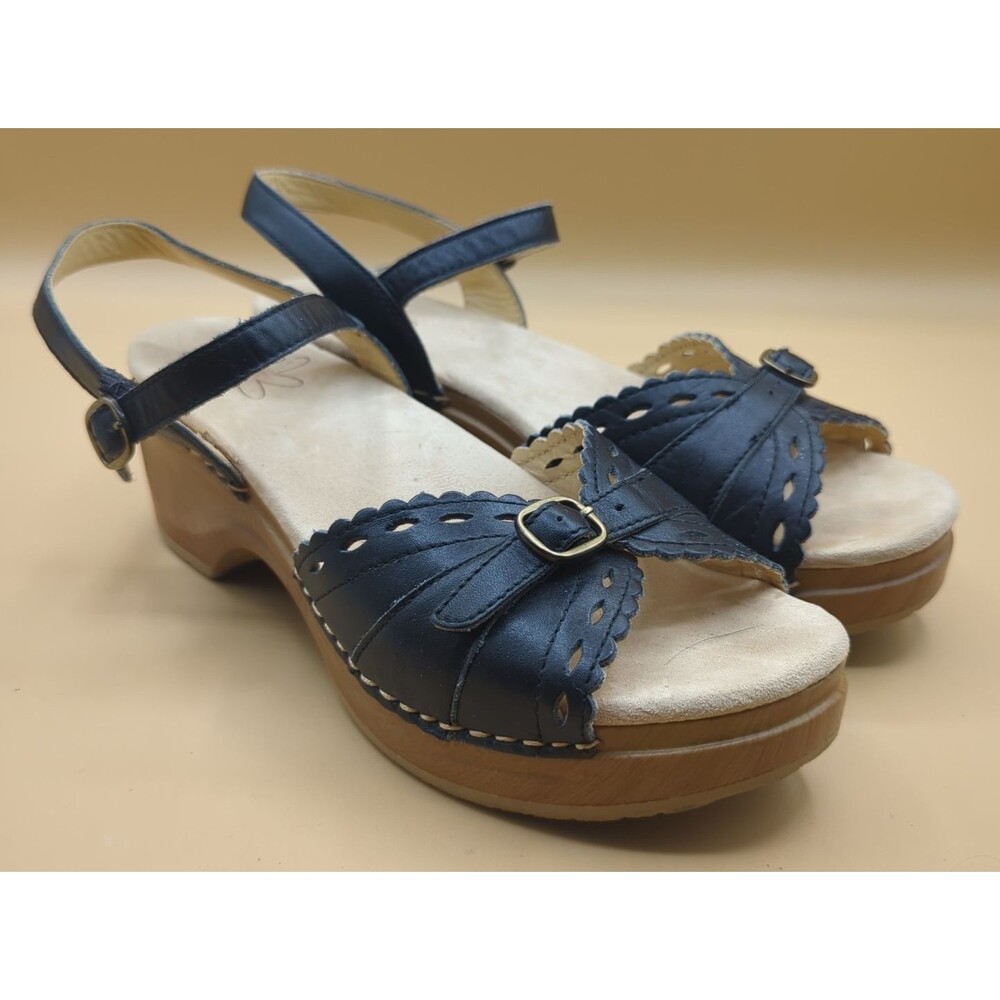Sanita Dawn Platform Wedge Sandal Women's Sz 39 US 7.5-8 Black Scalloped Cutout